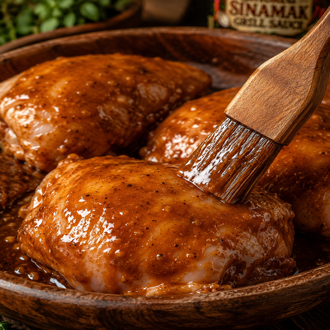 Chicken being marinated with Barrio Kusinero Smoked Sinamak Grill Sauce