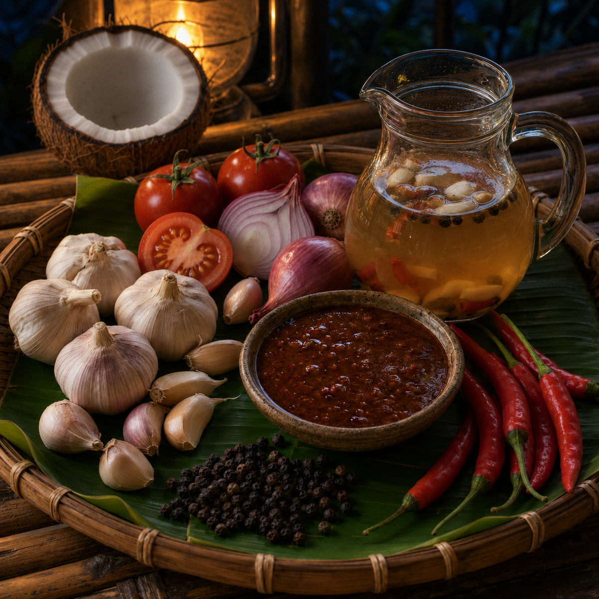 Ingredients used in Barrio Kusinero Smoked Sinamak Grill Sauce including vegetables, spices and sinamak