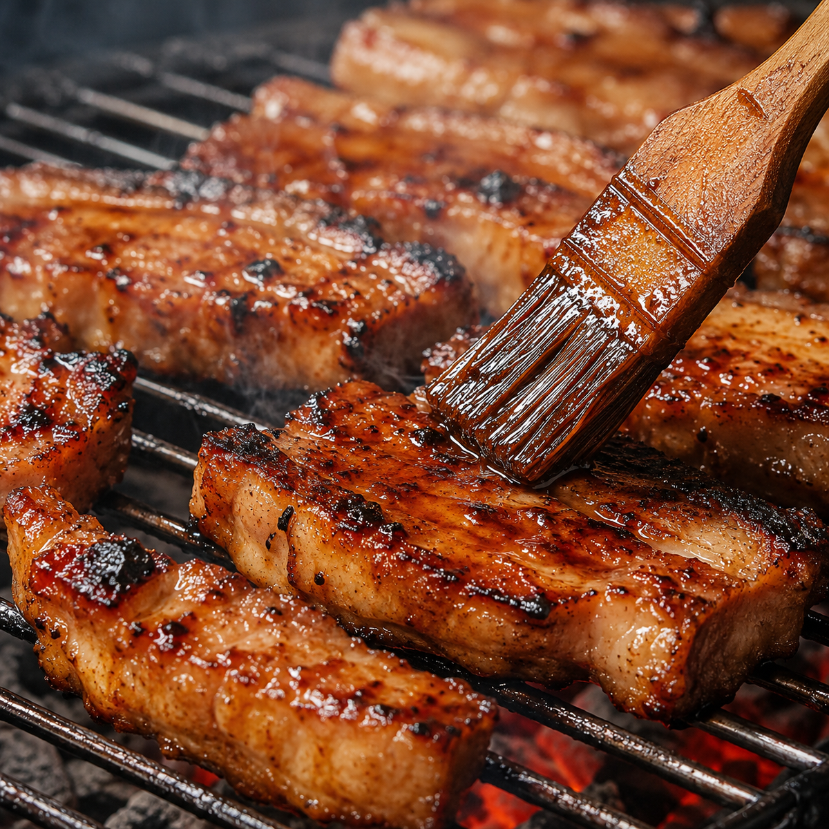 Grilled liempo being basted with Barrio Kusinero Smoked Sinamak Grill Sauce