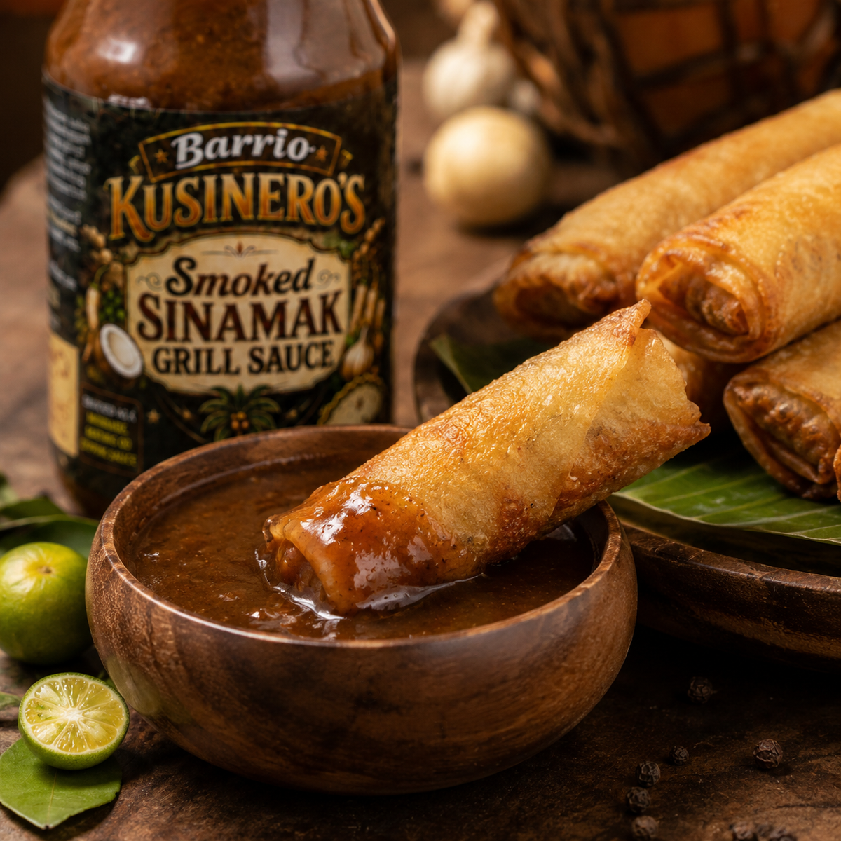 Lumpia Shanghai being dipped in Barrio Kusinero Smoked Sinamak Grill Sauce